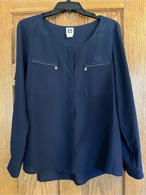Anne Klein Navy Blouse with Gold Accents, Women’s Size Medium